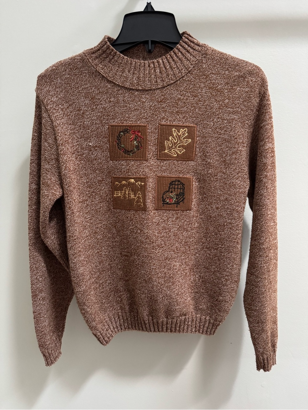Vintage Fall Sweater Embroidered Patch Mock Neck Sweater Size S